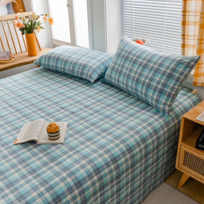 91家纺网 家纺一手货源 找家纺 柠萌家居 2022新款A类全棉色织水洗棉单床单 简爱绿格