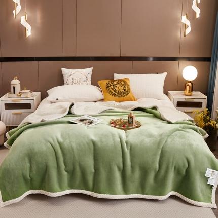 91家纺网 家纺一手货源 找家纺 席之家 2023新款牛奶绒+羊羔绒纯色双面绒盖毯毛毯 果绿