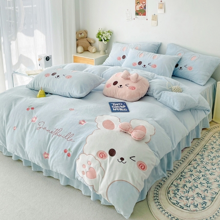 （总）亲亲公主 新款牛奶绒卡通绣花四件套-可爱兔实拍图 蓝色