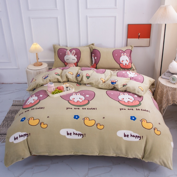 91家纺网 家纺一手货源 找家纺 乐居坊 2023新款高克重牛奶绒印花保暖四件套 爱心小兔