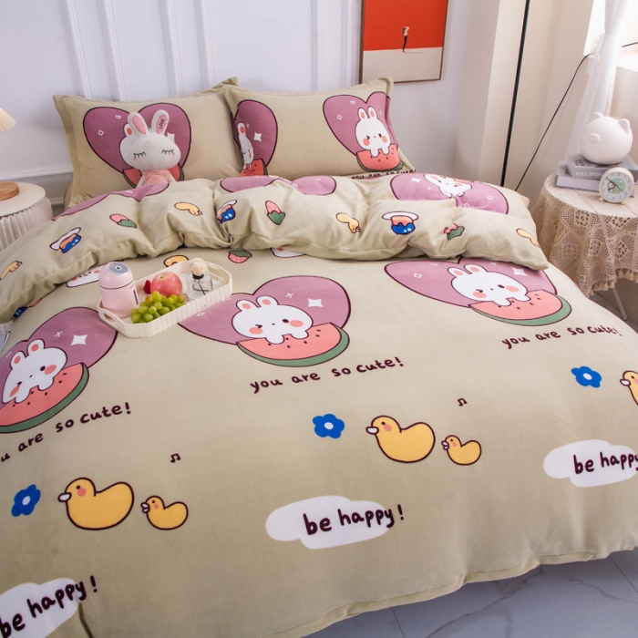 91家纺网 家纺一手货源 找家纺 乐居坊 2023新款高克重牛奶绒印花保暖四件套 爱心小兔