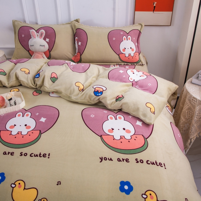 91家纺网 家纺一手货源 找家纺 乐居坊 2023新款高克重牛奶绒印花保暖四件套 爱心小兔