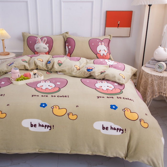 91家纺网 家纺一手货源 找家纺 乐居坊 2023新款高克重牛奶绒印花保暖四件套 爱心小兔