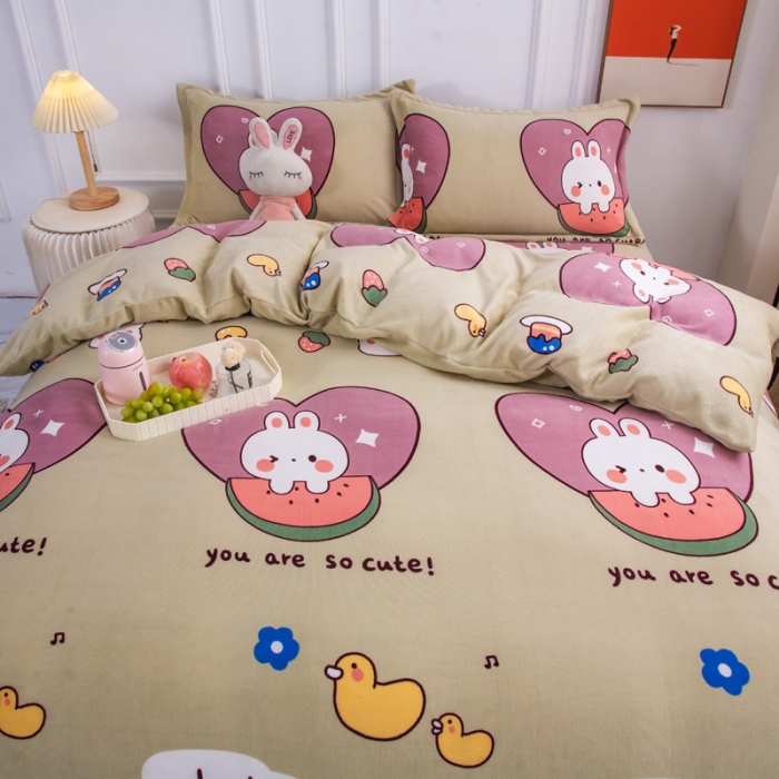 91家纺网 家纺一手货源 找家纺 乐居坊 2023新款高克重牛奶绒印花保暖四件套 爱心小兔