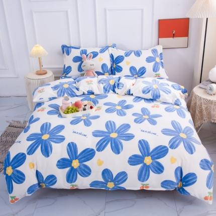 乐居坊2022新款高克重牛奶绒印花保暖四件套 浅浅花语-蓝