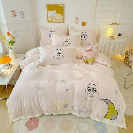 柠馨 2022新款230g牛奶绒贴布绣花可爱卡通四件套派大星