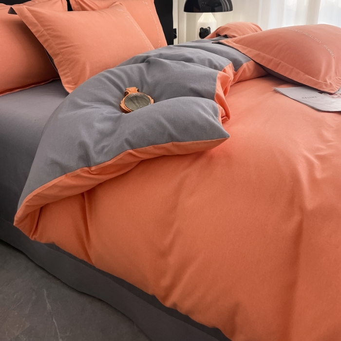 91家纺网 家纺一手货源 找家纺 AB家纺 2022新款全棉生态磨毛刺绣四件套 橘-绅士灰