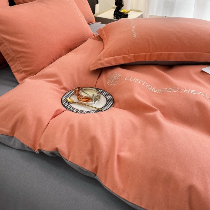 91家纺网 家纺一手货源 找家纺 AB家纺 2022新款全棉生态磨毛刺绣四件套 橘-绅士灰