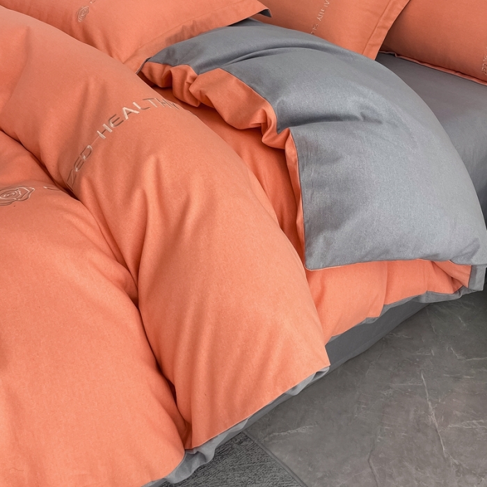 91家纺网 家纺一手货源 找家纺 AB家纺 2022新款全棉生态磨毛刺绣四件套 橘-绅士灰