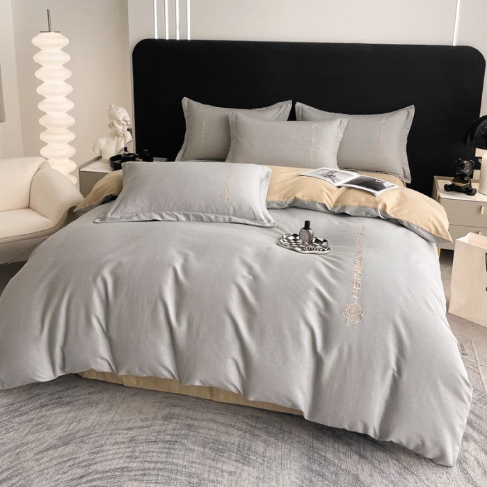 91家纺网 家纺一手货源 找家纺 AB家纺 2022新款全棉生态磨毛刺绣四件套 浅灰-米卡