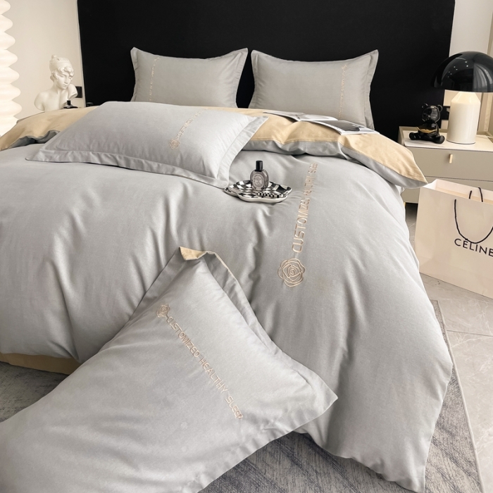 91家纺网 家纺一手货源 找家纺 AB家纺 2022新款全棉生态磨毛刺绣四件套 浅灰-米卡