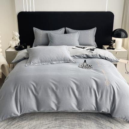 AB家纺 2022新款全棉生态磨毛刺绣四件套 绅士灰-浅灰