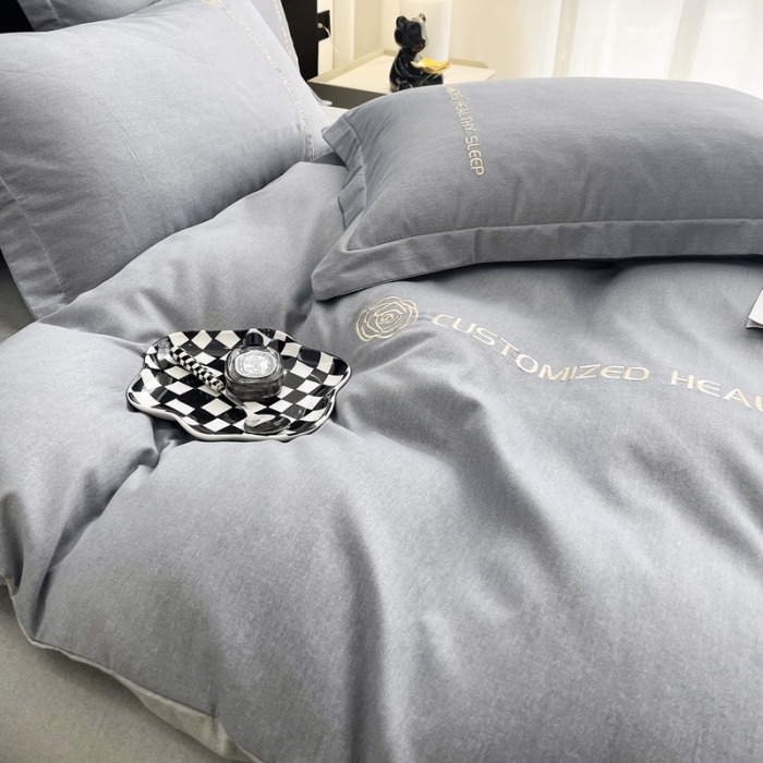 91家纺网 家纺一手货源 找家纺 AB家纺 2022新款全棉生态磨毛刺绣四件套 绅士灰-浅灰