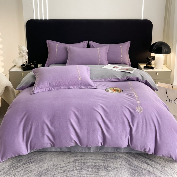 91家纺网 家纺一手货源 找家纺 AB家纺 2022新款全棉生态磨毛刺绣四件套 雪青-绅士灰