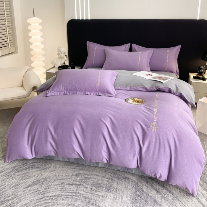 91家纺网 家纺一手货源 找家纺 AB家纺 2022新款全棉生态磨毛刺绣四件套 雪青-绅士灰