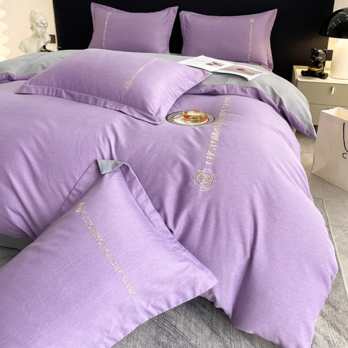 91家纺网 家纺一手货源 找家纺 AB家纺 2022新款全棉生态磨毛刺绣四件套 雪青-绅士灰