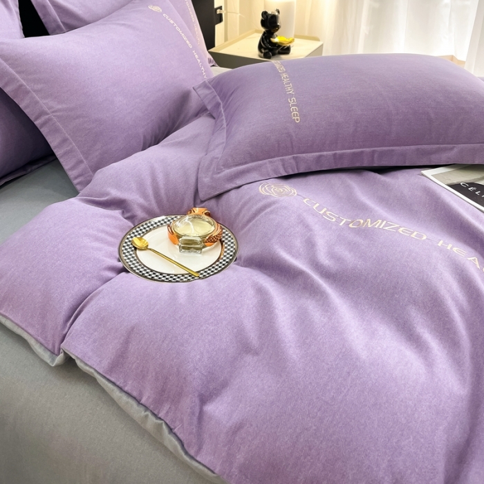 91家纺网 家纺一手货源 找家纺 AB家纺 2022新款全棉生态磨毛刺绣四件套 雪青-绅士灰