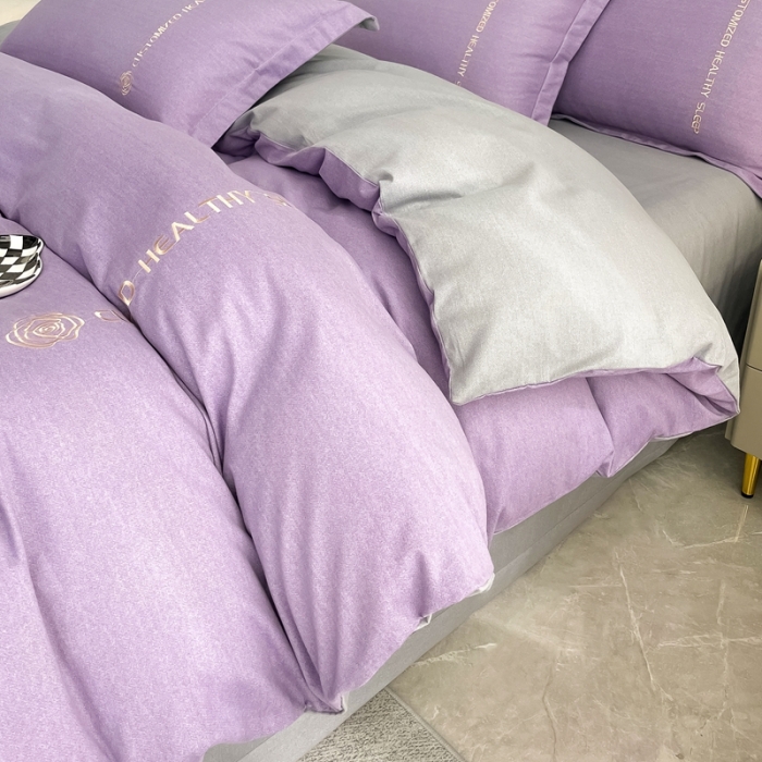 91家纺网 家纺一手货源 找家纺 AB家纺 2022新款全棉生态磨毛刺绣四件套 雪青-绅士灰