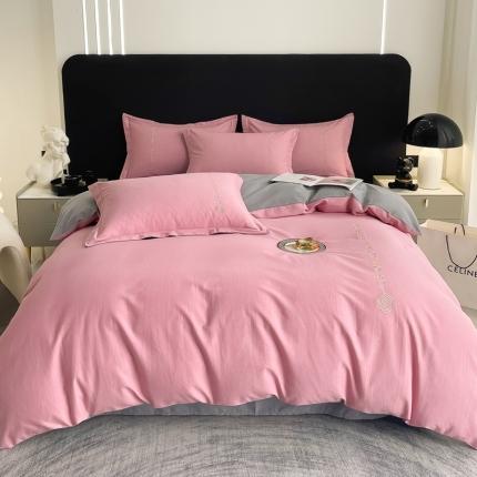 AB家纺 2022新款全棉生态磨毛刺绣四件套 樱花粉-绅士灰
