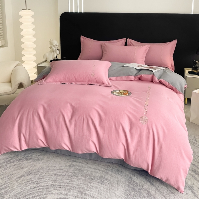 91家纺网 家纺一手货源 找家纺 AB家纺 2022新款全棉生态磨毛刺绣四件套 樱花粉-绅士灰