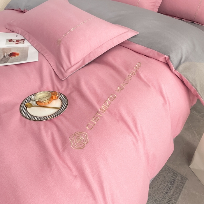 91家纺网 家纺一手货源 找家纺 AB家纺 2022新款全棉生态磨毛刺绣四件套 樱花粉-绅士灰