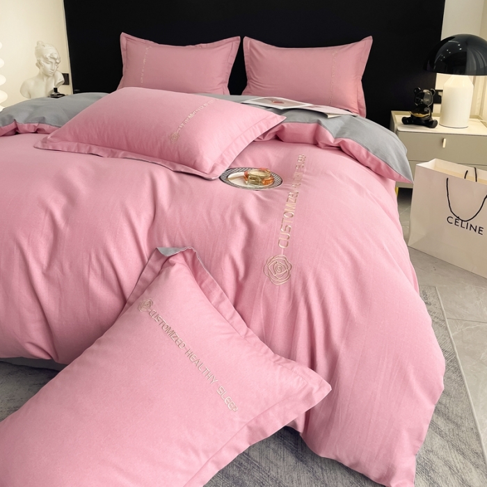 91家纺网 家纺一手货源 找家纺 AB家纺 2022新款全棉生态磨毛刺绣四件套 樱花粉-绅士灰