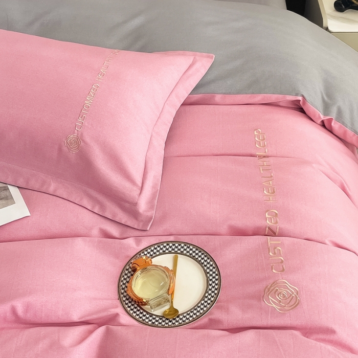 91家纺网 家纺一手货源 找家纺 AB家纺 2022新款全棉生态磨毛刺绣四件套 樱花粉-绅士灰