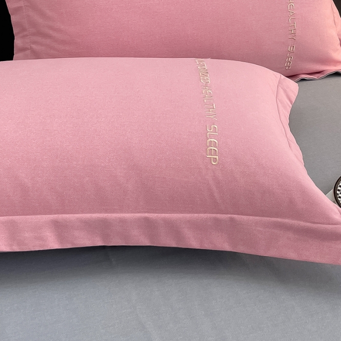 91家纺网 家纺一手货源 找家纺 AB家纺 2022新款全棉生态磨毛刺绣四件套 樱花粉-绅士灰