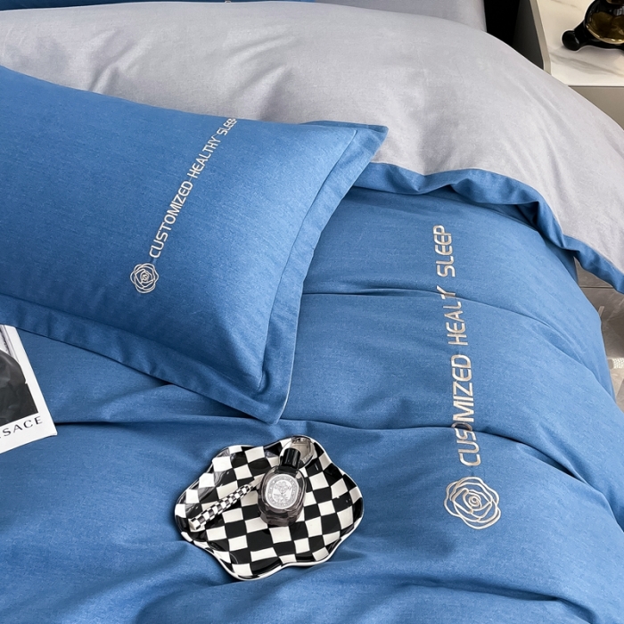 91家纺网 家纺一手货源 找家纺 AB家纺 2022新款全棉生态磨毛刺绣四件套 月光蓝-绅士灰