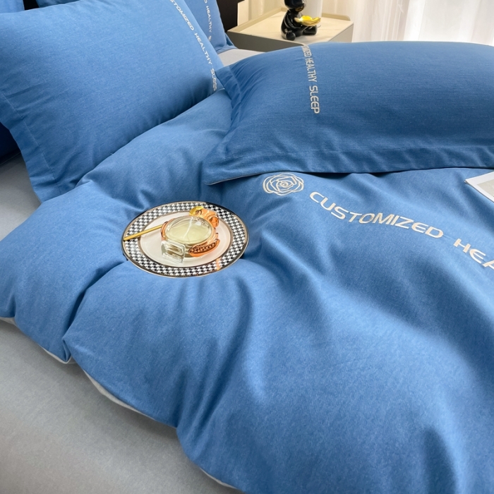 91家纺网 家纺一手货源 找家纺 AB家纺 2022新款全棉生态磨毛刺绣四件套 月光蓝-绅士灰