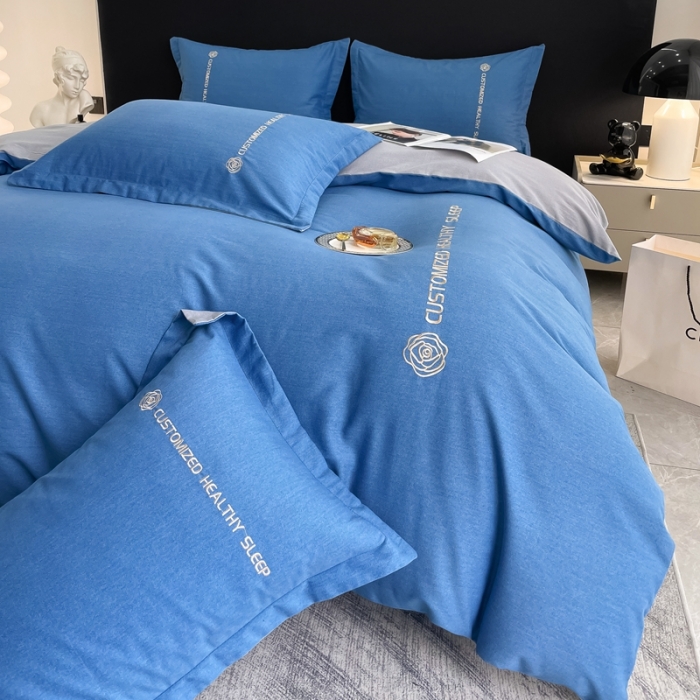 91家纺网 家纺一手货源 找家纺 AB家纺 2022新款全棉生态磨毛刺绣四件套 月光蓝-绅士灰