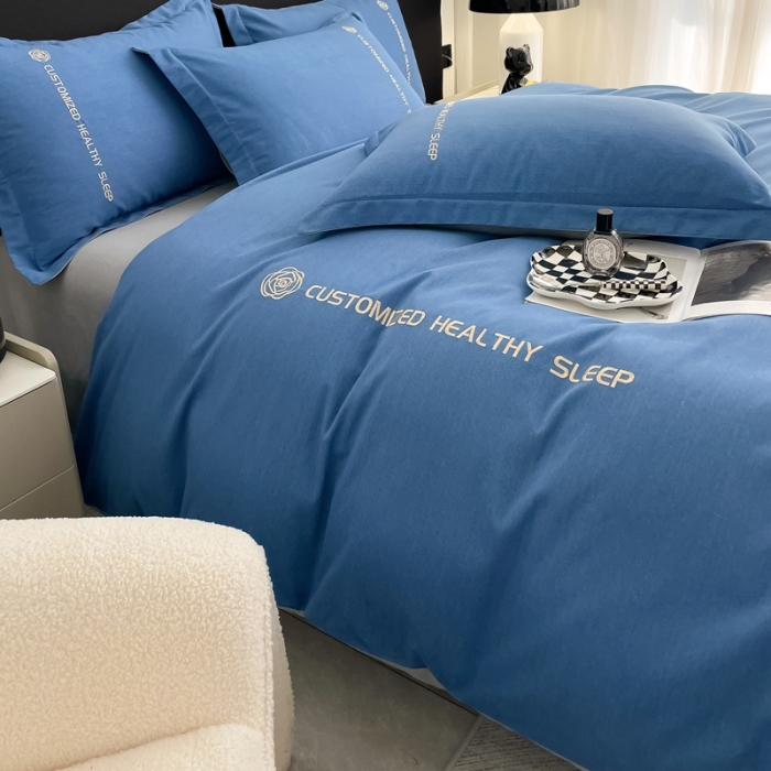 91家纺网 家纺一手货源 找家纺 AB家纺 2022新款全棉生态磨毛刺绣四件套 月光蓝-绅士灰