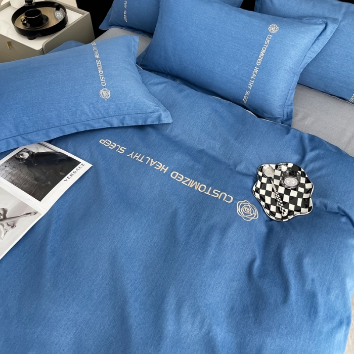 91家纺网 家纺一手货源 找家纺 AB家纺 2022新款全棉生态磨毛刺绣四件套 月光蓝-绅士灰