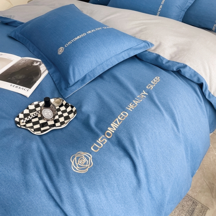 91家纺网 家纺一手货源 找家纺 AB家纺 2022新款全棉生态磨毛刺绣四件套 月光蓝-绅士灰