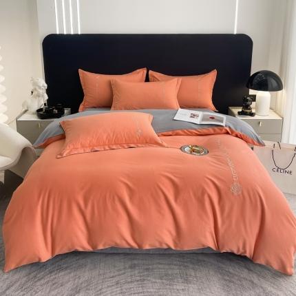 AB家纺 2022新款全棉生态磨毛刺绣四件套 橘-绅士灰