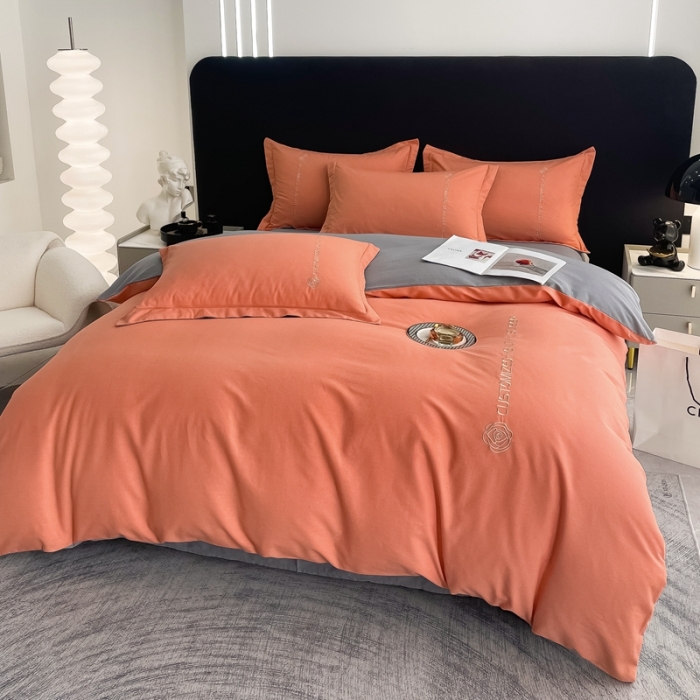 91家纺网 家纺一手货源 找家纺 AB家纺 2022新款全棉生态磨毛刺绣四件套 橘-绅士灰