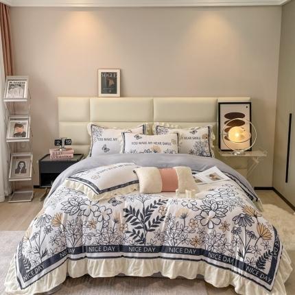 91家纺网 家纺一手货源 找家纺 川悦生活 2022新款大阪花边轻奢牛奶绒四件套 罗乐的花田