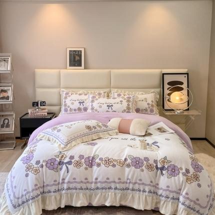 91家纺网 家纺一手货源 找家纺 川悦生活 2022新款大阪花边轻奢牛奶绒四件套 少女莉娜