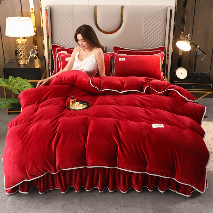 91家纺网 家纺一手货源 找家纺 畅畅家纺 2022新款纯色双拼加厚牛奶绒四件套 酒红纯色