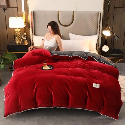 畅畅家纺 2022新款纯色双拼加厚牛奶绒四件套 酒红拼色