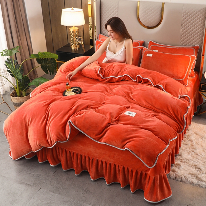 91家纺网 家纺一手货源 找家纺 畅畅家纺 2022新款纯色双拼加厚牛奶绒四件套 橘色 纯色