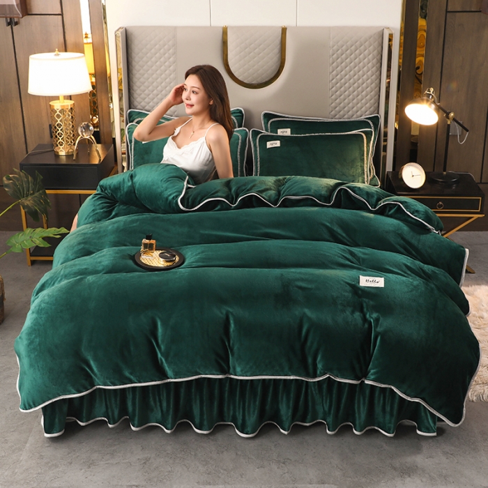 91家纺网 家纺一手货源 找家纺 畅畅家纺 2022新款纯色双拼加厚牛奶绒四件套 玛瑙绿 纯色