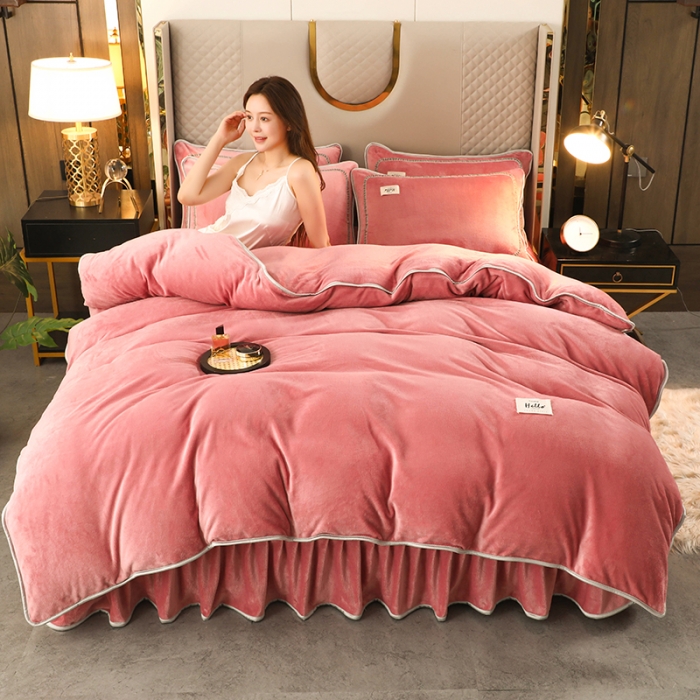 91家纺网 家纺一手货源 找家纺 畅畅家纺 2022新款纯色双拼加厚牛奶绒四件套 胭脂纯色