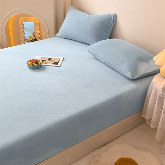 91家纺网 家纺一手货源 找家纺 眠帛 2022新款纯色牛奶绒单床笠 蓝灰
