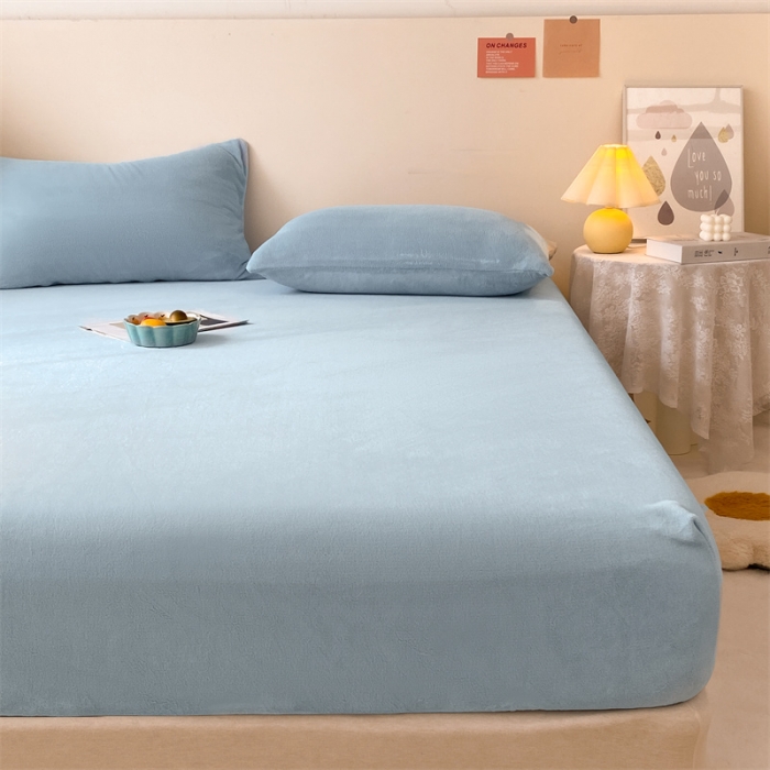 91家纺网 家纺一手货源 找家纺 眠帛 2022新款纯色牛奶绒单床笠 蓝灰
