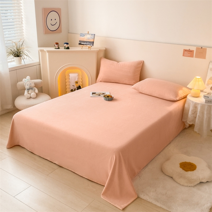 91家纺网 家纺一手货源 找家纺 眠帛 2022新款纯色牛奶绒单床单 奶油粉