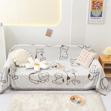 91家纺网 家纺一手货源 找家纺 启博 2022新款雪尼尔四季网红同款沙发罩-流苏折边款 可爱猫-咖啡