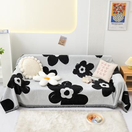 91家纺网 家纺一手货源 找家纺 启博 2022新款雪尼尔四季网红同款沙发罩-流苏折边款 太阳花-黑色