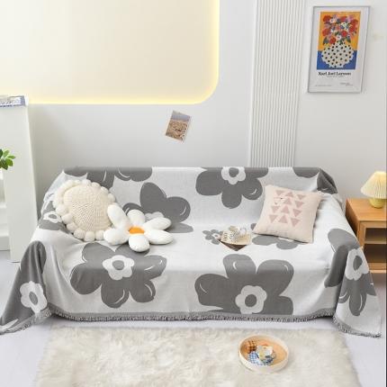 91家纺网 家纺一手货源 找家纺 启博 2022新款雪尼尔四季网红同款沙发罩-流苏折边款 太阳花-灰色