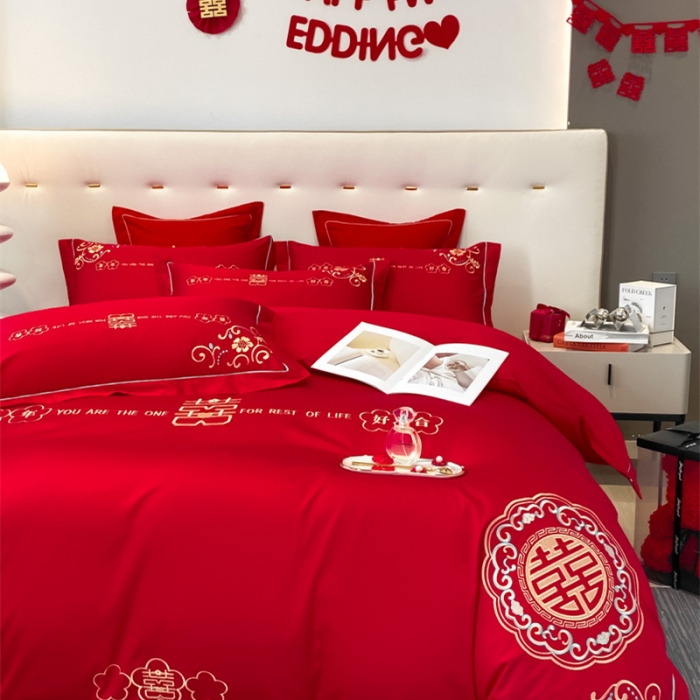 91家纺网 家纺一手货源 找家纺 2024新款婚庆被大红喜被加厚磨毛婚庆四件套 百年好合